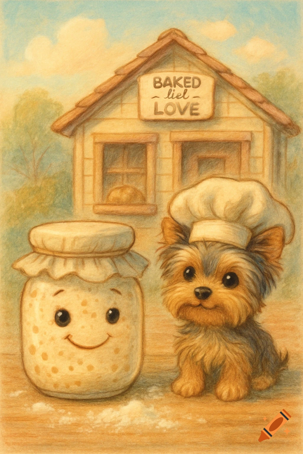 A cute storybook-style illustration of a happy sourdough starter jar next to a small Yorkie dog wearing a baker's hat, in front of a cozy bakery shack with a sign that reads "BAKED - liel - LOVE" under a warm sky.