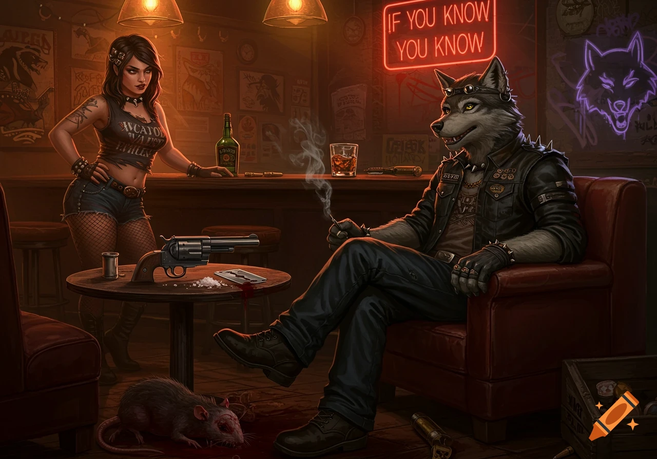 A wolf-like biker sits in a dimly lit bar, smoking, while a bartender in a ripped shirt leans nearby. A revolver, razor blade, and dead rat are on a table. A neon sign reads 'IF YOU KNOW YOU KNOW'.