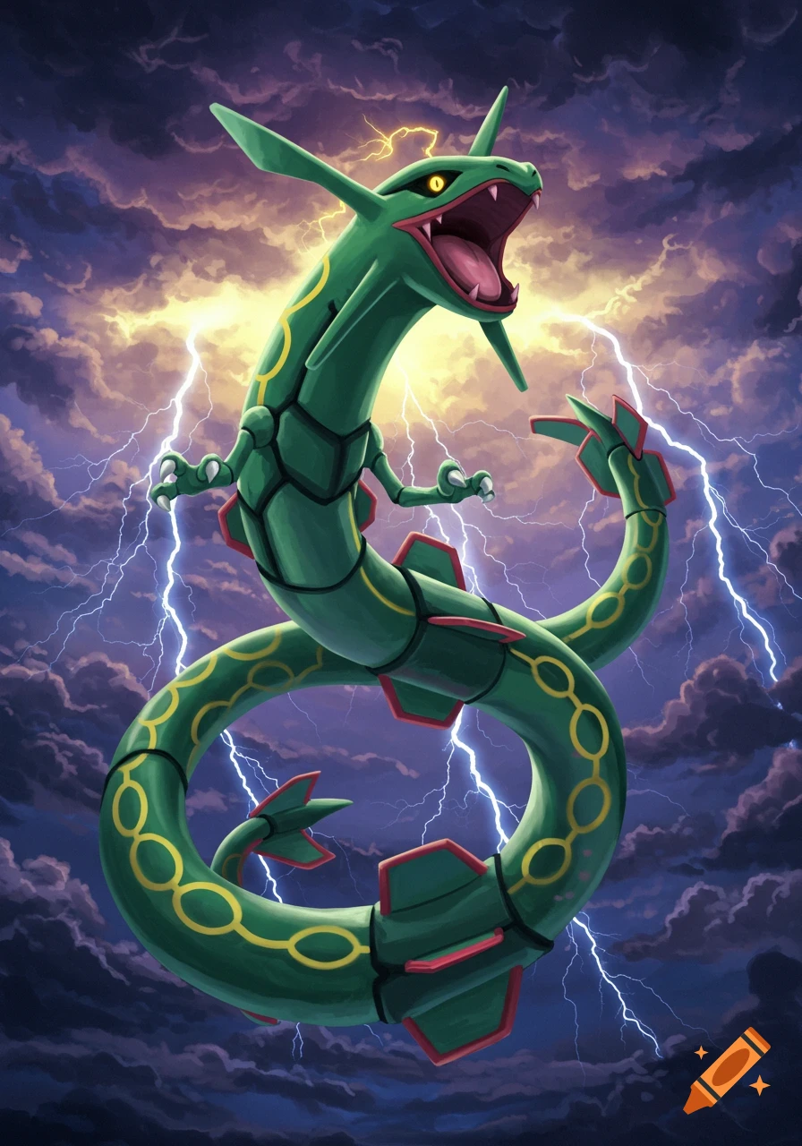 A large green dragon-like creature, Rayquaza, with red fins and yellow markings, soaring through a dark, stormy sky filled with lightning.