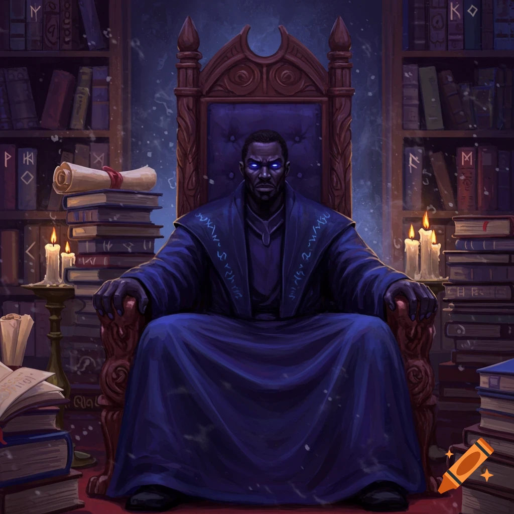 A black wizard with glowing blue eyes sits on an ornate throne in a dark library, surrounded by stacks of books and lit candles in a painterly style.