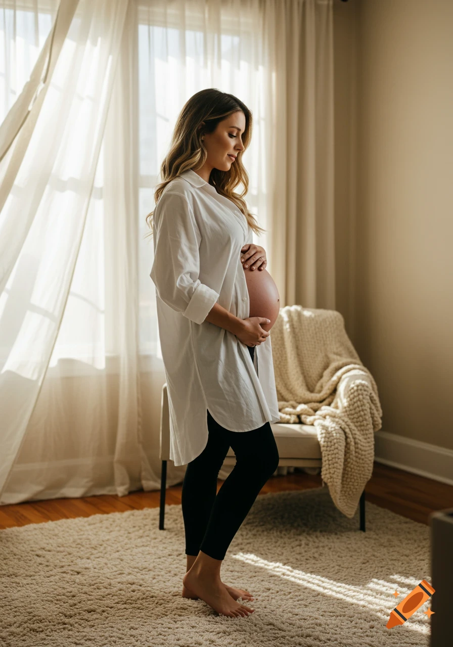 A pregnant woman in a white shirt and black leggings gently holds her belly while standing in a softly lit room.