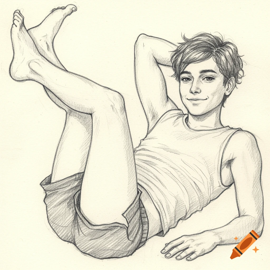 Pencil drawing of a smiling young man in a tank top and shorts, lying on his back with his legs bent upwards and his arm behind his head.