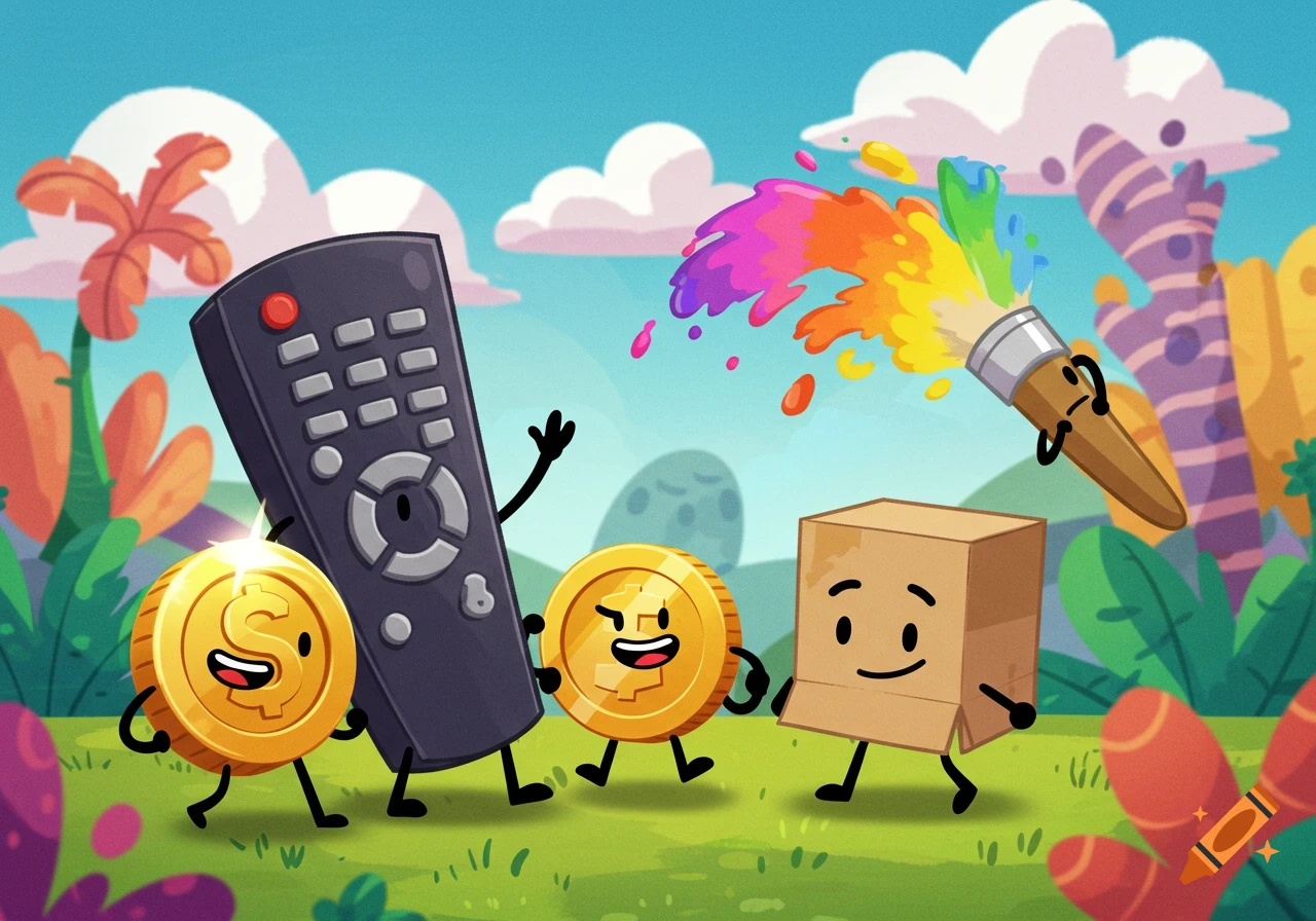 Cartoon characters of a remote, two coins, a box, and a paintbrush in a vibrant landscape.