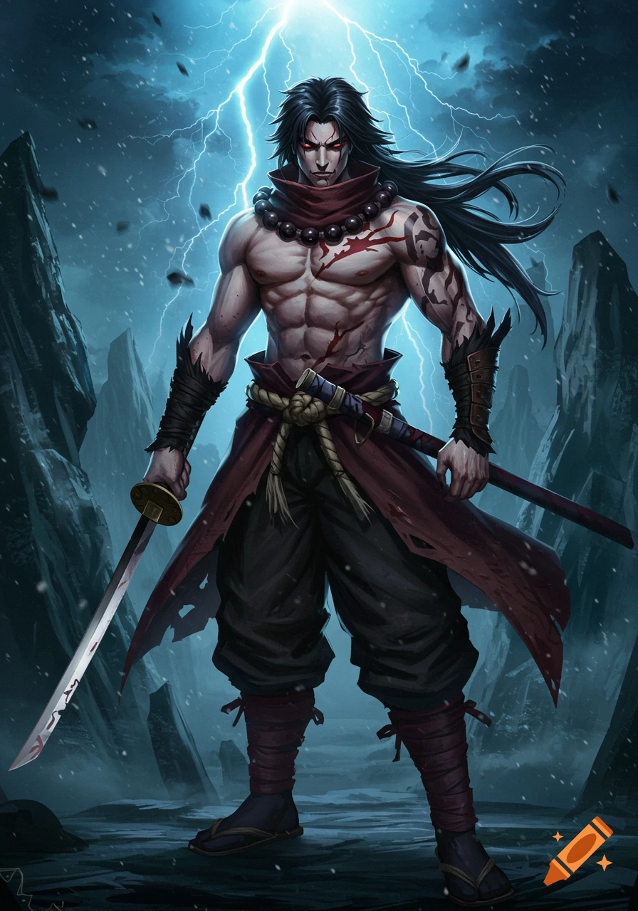 A dark-haired, muscular male warrior with red eyes, a red scarf, and a sword stands under lightning in a dark, rocky landscape. He wears a tattered red and black outfit with visible abdominal muscles and tattoos/scars on his chest and arm. The style is detailed fantasy art.