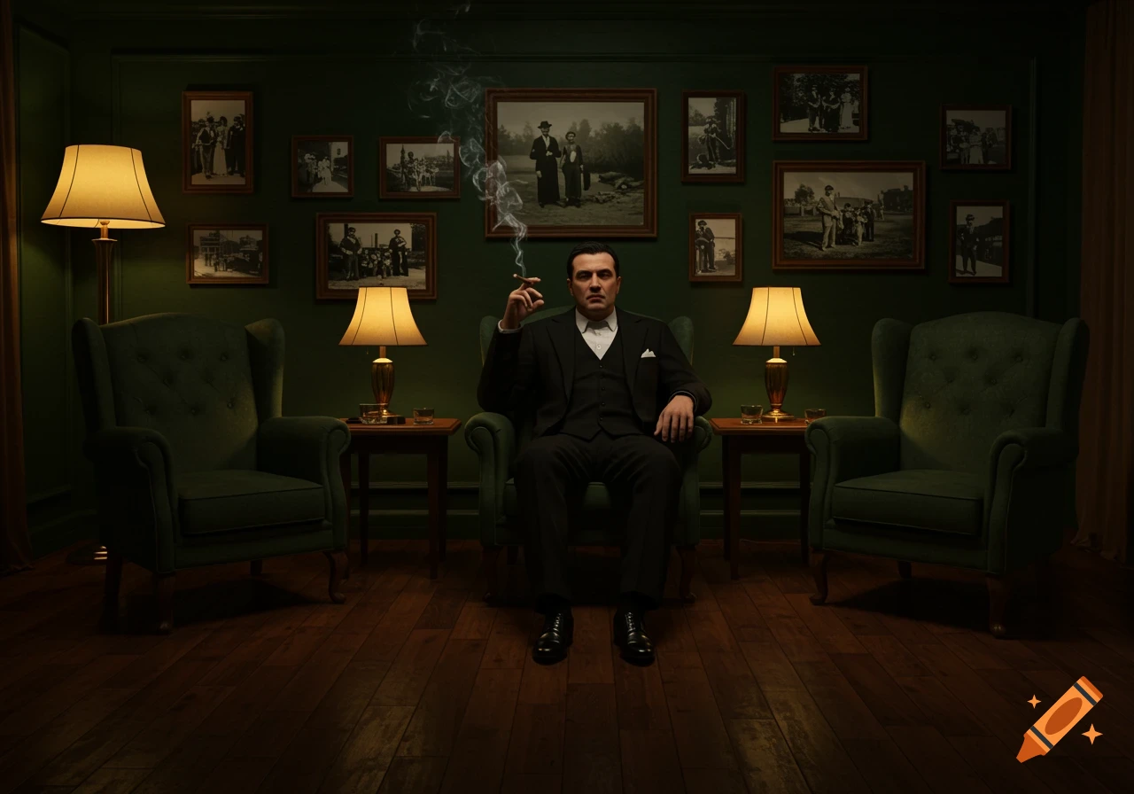 A man in a black suit sits in a green armchair, smoking a cigar in a dimly lit, dark green room with framed pictures.