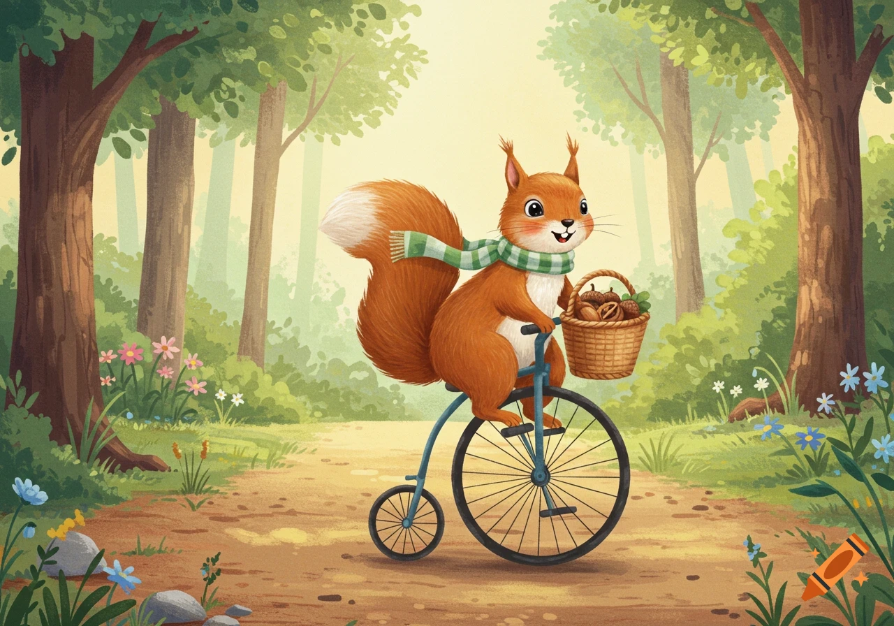 A cute squirrel wearing a green and white striped scarf rides an old-fashioned bicycle down a forest path, carrying a basket of nuts.