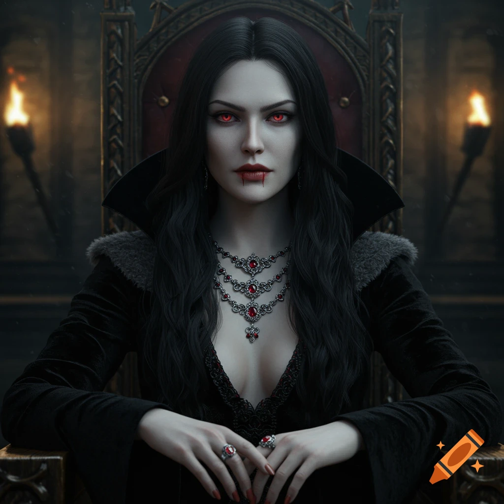 Photorealistic portrait of a pale vampire queen with red eyes and blood on her lips, wearing a black dress and ruby jewelry, seated on a dark throne.