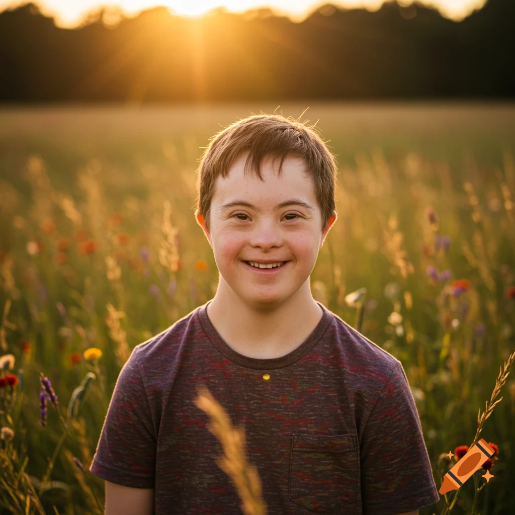 A smiling young person with Down syndrome in a sunlit field of tall grass and wildflowers.