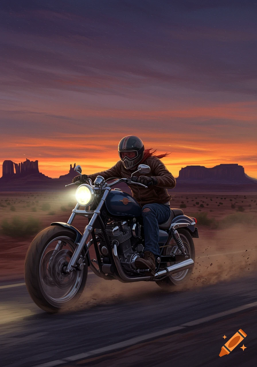 A person on a motorcycle rides through a dusty desert landscape with mesas under a vibrant sunset sky, in an illustrated style.