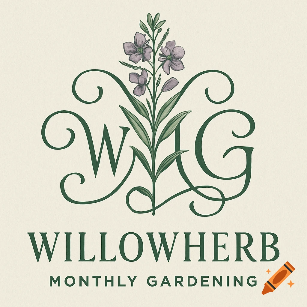 A vintage-style logo featuring dark green intertwined initials 'W M G' with a purple willowherb flower illustration. Below, text reads 'WILLOWHERB MONTHLY GARDENING'.