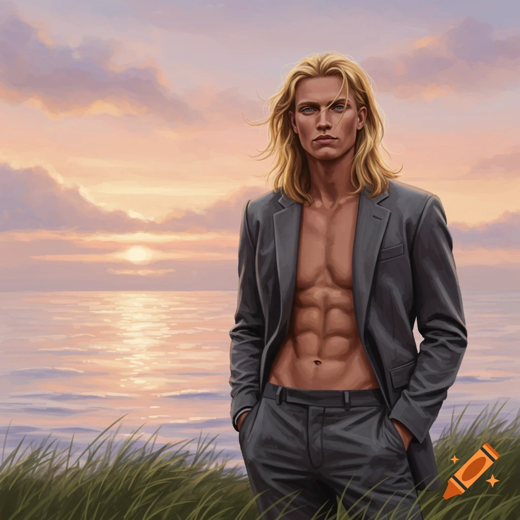 Painted portrait of a shirtless blonde man in an open suit jacket standing by the ocean at sunset.