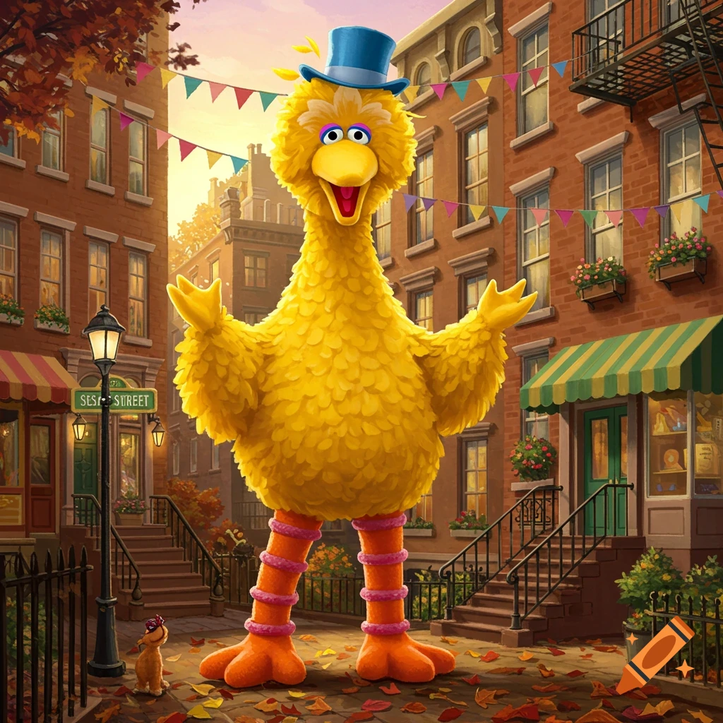 Big Bird in a blue top hat stands on a leafy Sesame Street, an orange puppy-like creature at his feet.