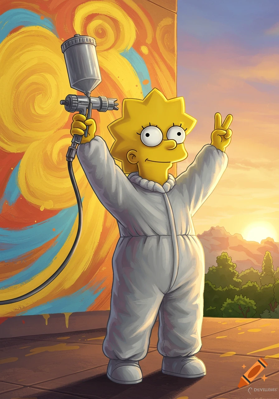 Lisa Simpson in a white paint suit holds a spray gun up and makes a peace sign, standing by a colorful painted wall at sunset.