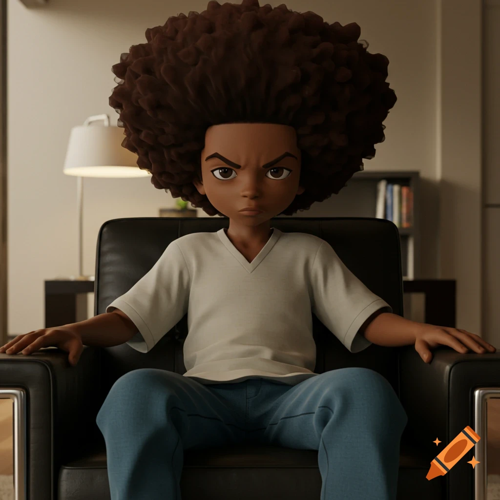 A 3D animated character, Huey from The Boondocks, with a large afro and a mad expression, sits on a black leather chair in a room.