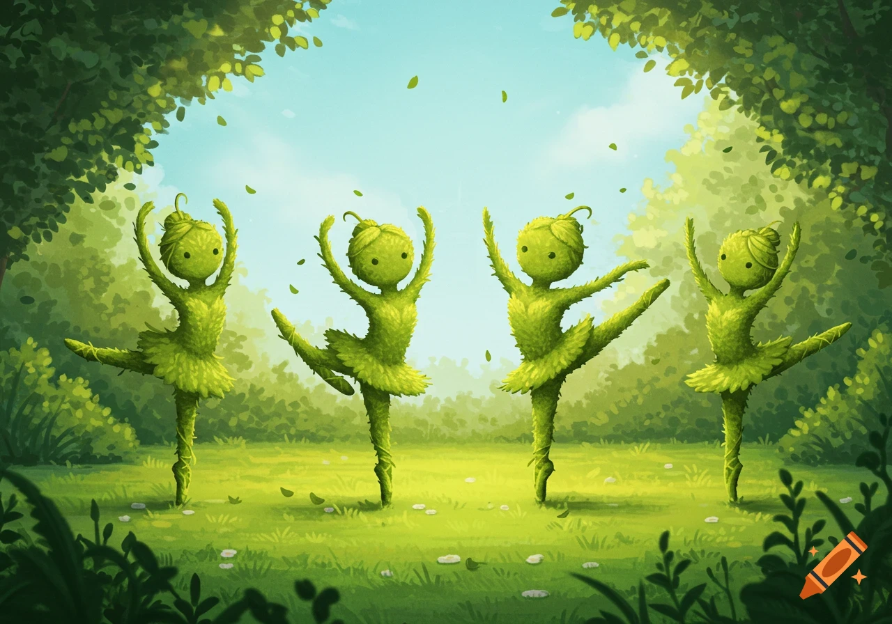 Four whimsical leaf statues posing in ballet positions in a lush green garden.
