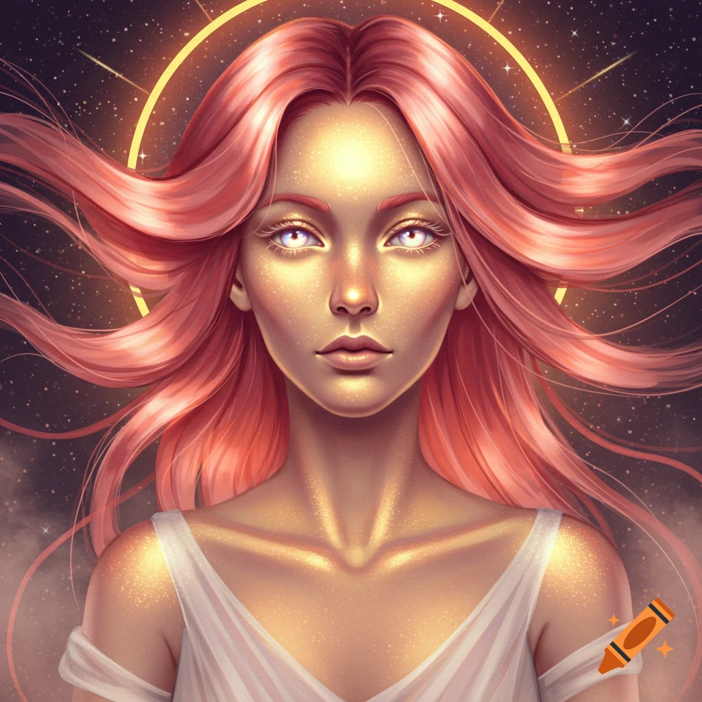 A mystical woman with shimmering gold skin, flowing rose-gold hair, and glowing eyes against a starry sky with a golden halo.