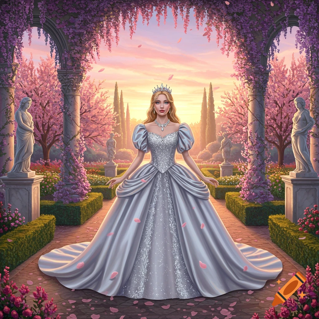 A princess in a silver ball gown and crown stands in a beautiful garden with flowering arches and statues at sunset.