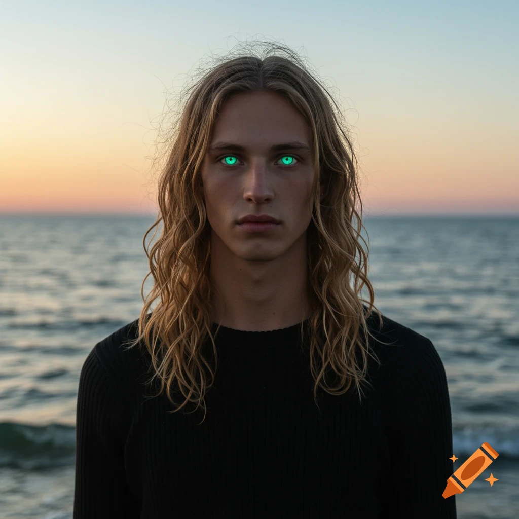 A young man with long wavy blond hair and glowing aquamarine eyes stands by the ocean at sunset, photorealistic.