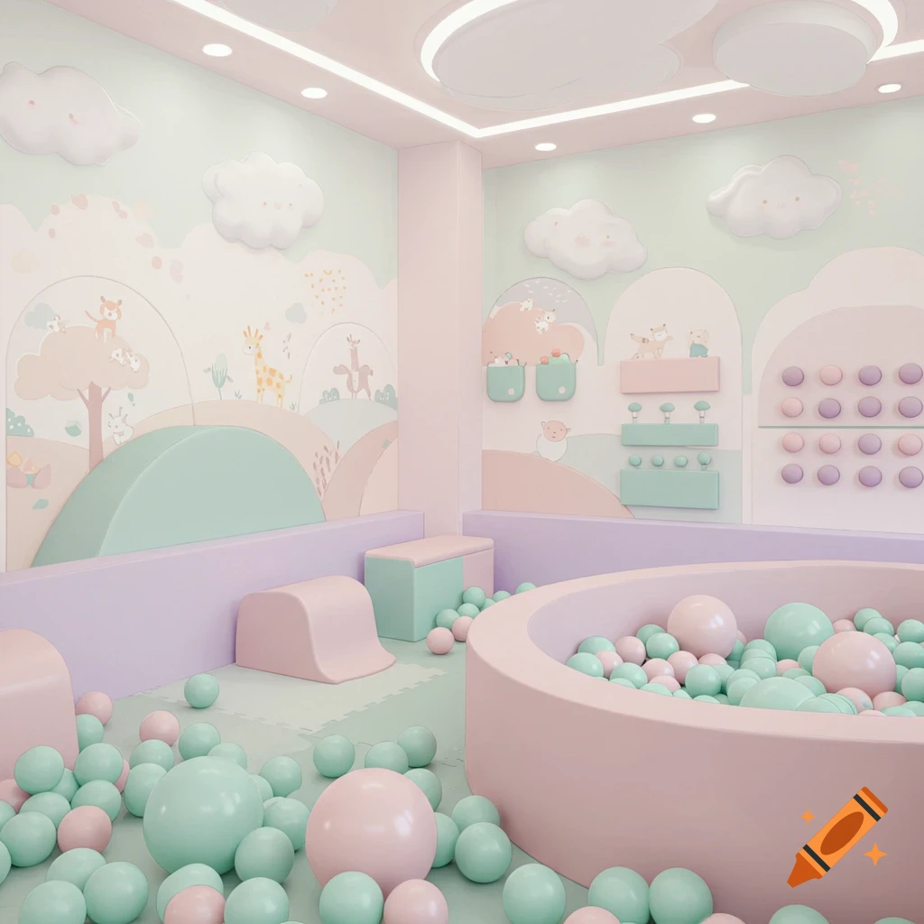 A pastel-themed indoor soft play area with a large ball pit, various soft foam shapes, and a hand-painted wall mural.