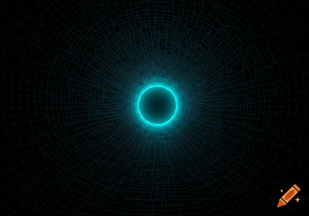 A wireframe tunnel with a bright aqua blue light at the far end.