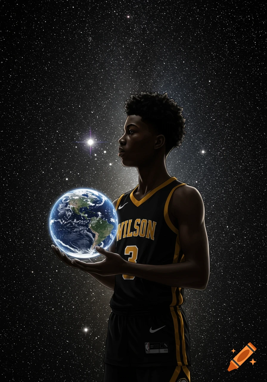 A young Black boy in a basketball jersey holds a glowing Earth against a starry night sky in a stylized illustration.