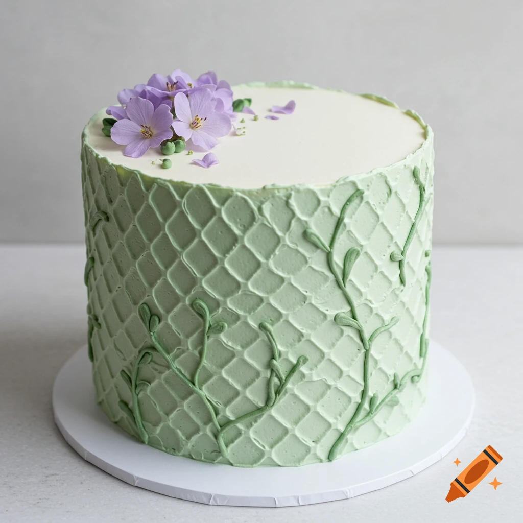 A round cake with sage green waffle pattern frosting, simple green vines on the side, and light purple edible flowers on top.