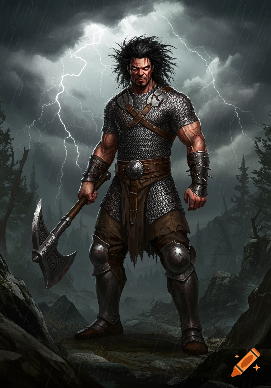 A fierce fantasy warrior in chainmail armor holds a battle axe under a stormy, lightning-filled sky.