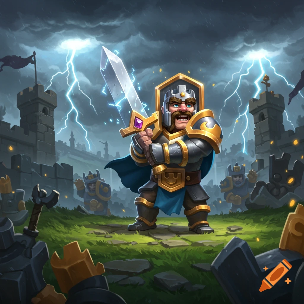 A defiant cartoon knight in armor holds a glowing sword on a stormy battlefield with a castle background and lightning.