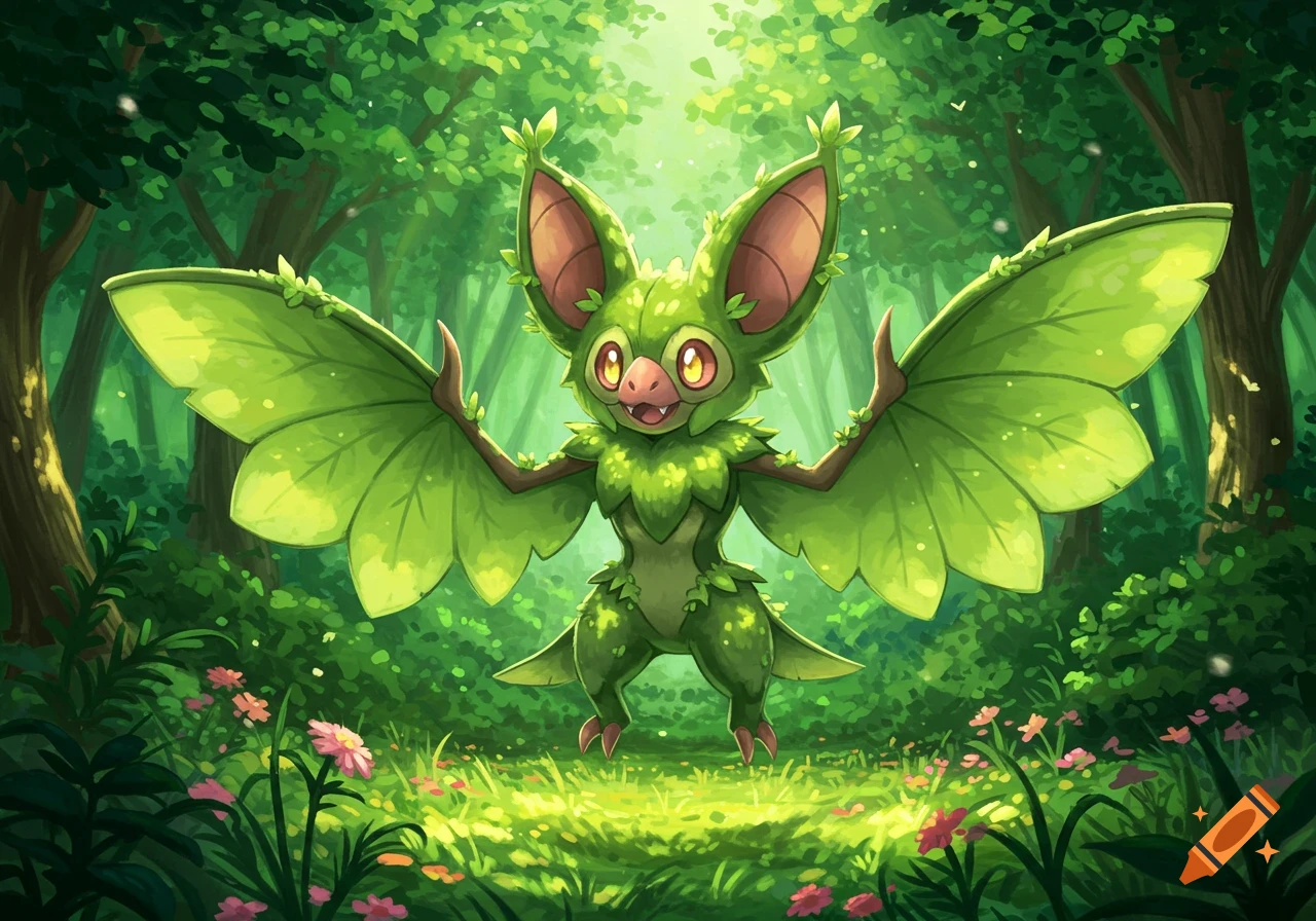 A cute, vibrant green bat-like creature with large ears and leaf wings stands in a sunny forest clearing.
