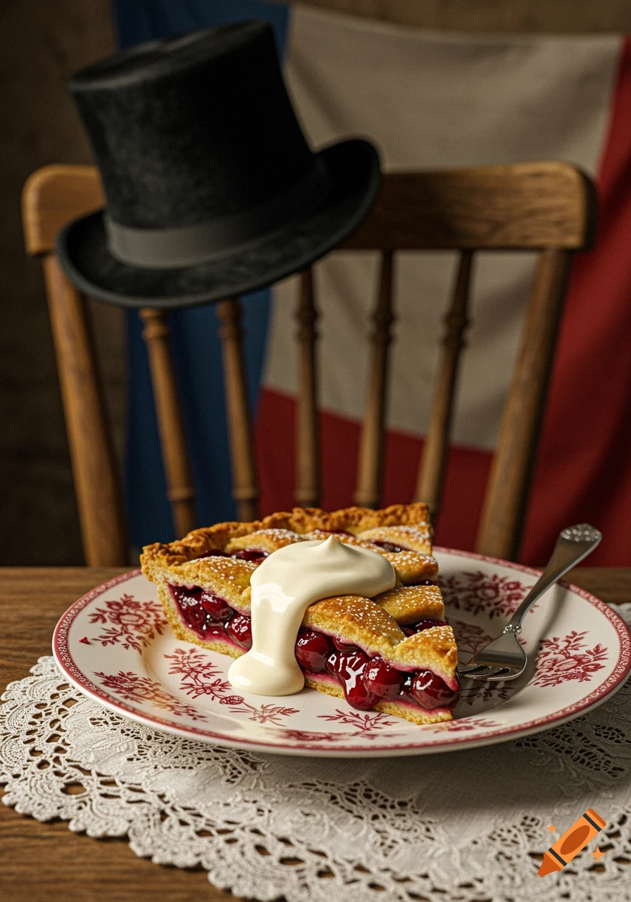 A photorealistic image of a cherry pie slice with cream, on a plate with a fork and doily. A top hat hangs on a chair with a French flag behind.