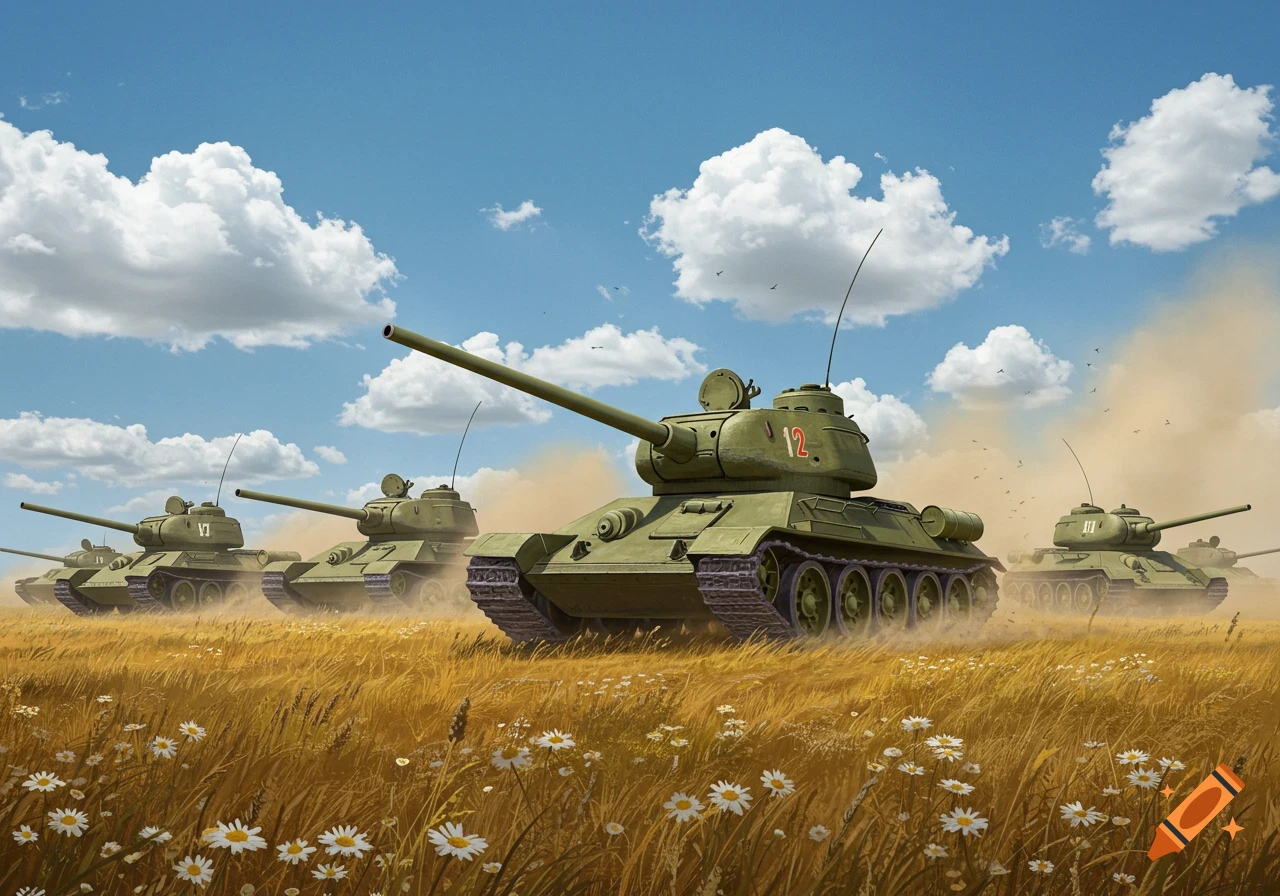 A group of T-34 tanks driving across a golden field with white flowers under a blue sky with clouds. Illustrated style.