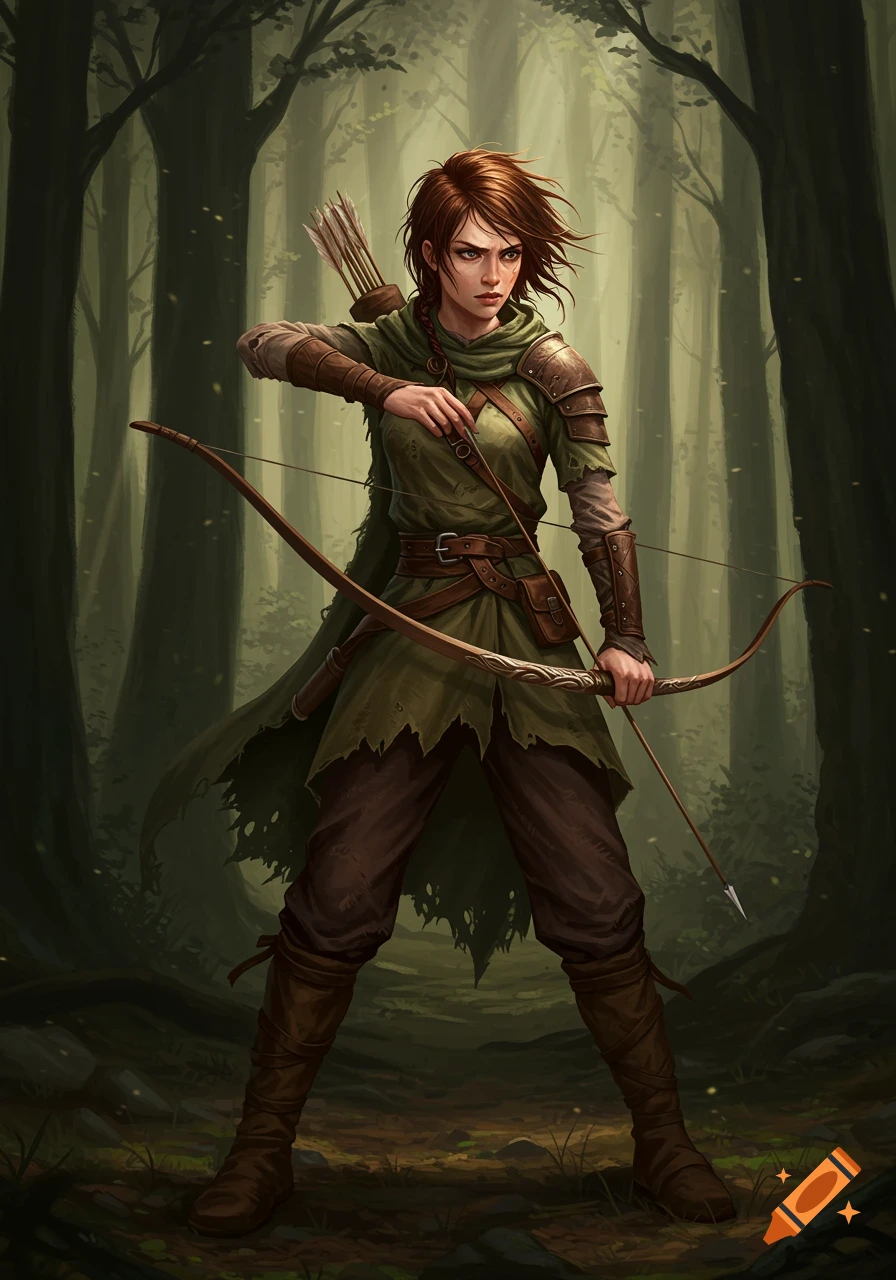 A determined young medieval archer stands ready with her bow in a lush forest.