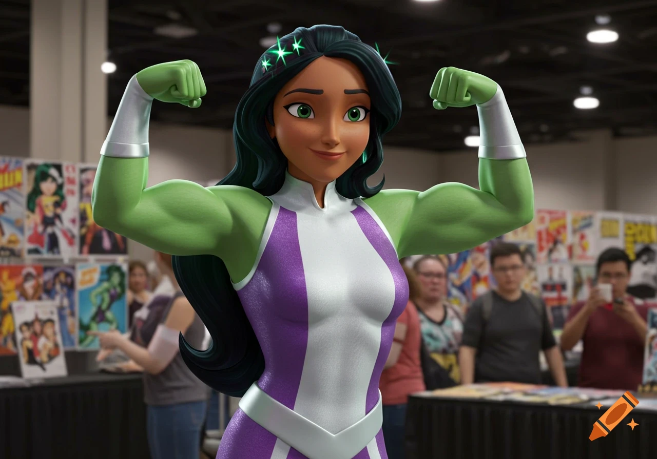 Animated Elena of Avalor cosplaying as She-Hulk, flexing muscles at Comic Con.