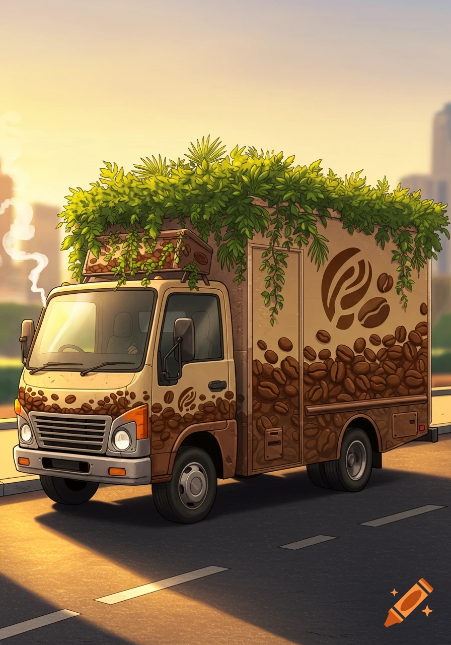 A stylized delivery truck decorated with lush green plants on its roof and coffee beans on its side panels, parked on a sunlit street.