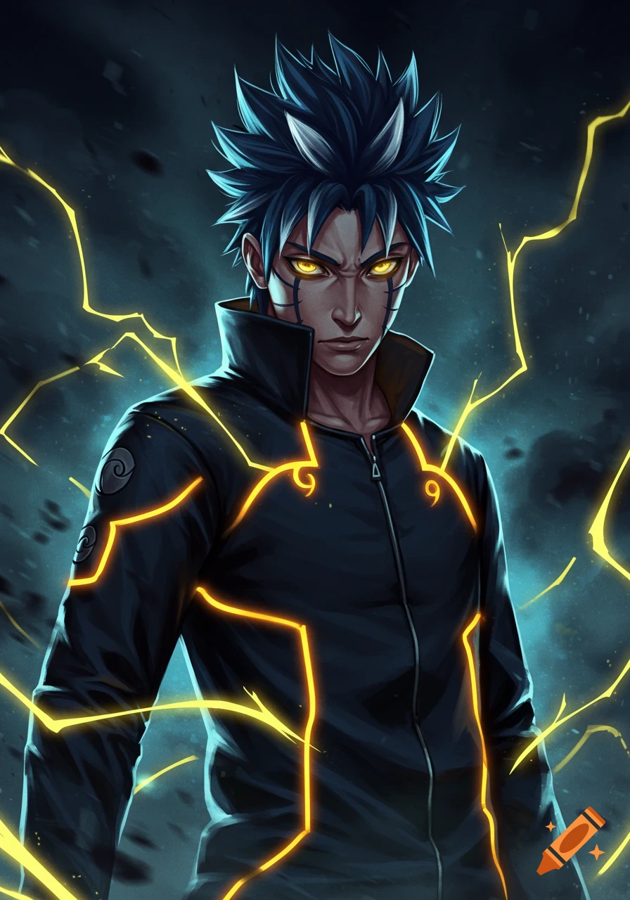 Anime character with spiky dark hair, glowing yellow eyes, tribal marks, and a black jacket with glowing yellow lines, surrounded by lightning.