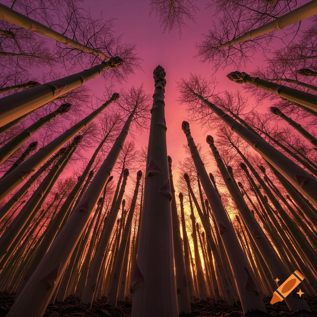 Extreme low-angle view of colossal asparagus stalks resembling trees against a vibrant magenta sunset sky.