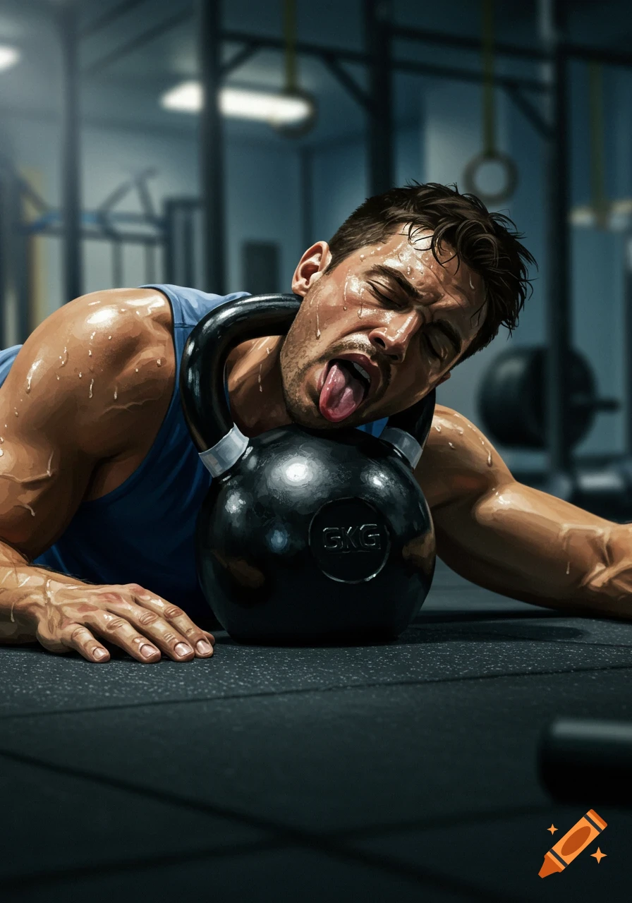An exhausted, sweaty man with his tongue out, resting his head on a black kettlebell on the gym floor, in an illustrative style.