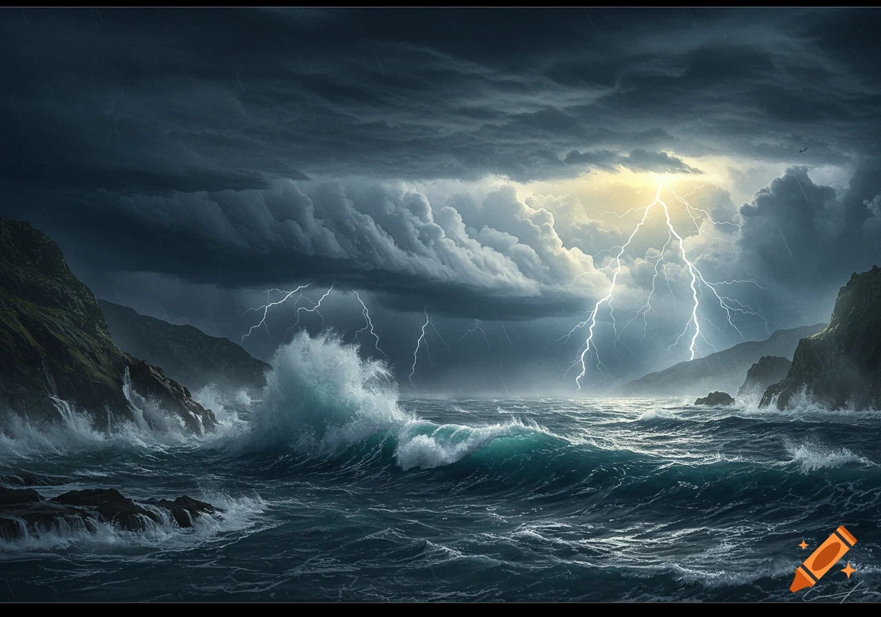 A dramatic photorealistic image of a stormy sea with large waves crashing against rocky cliffs under a dark, lightning-filled sky.
