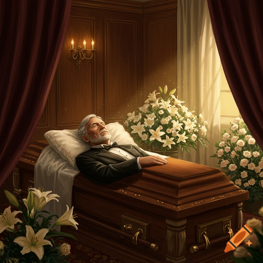An older man lies peacefully in a coffin surrounded by white lilies and flowers, illuminated by warm light in a funeral home.