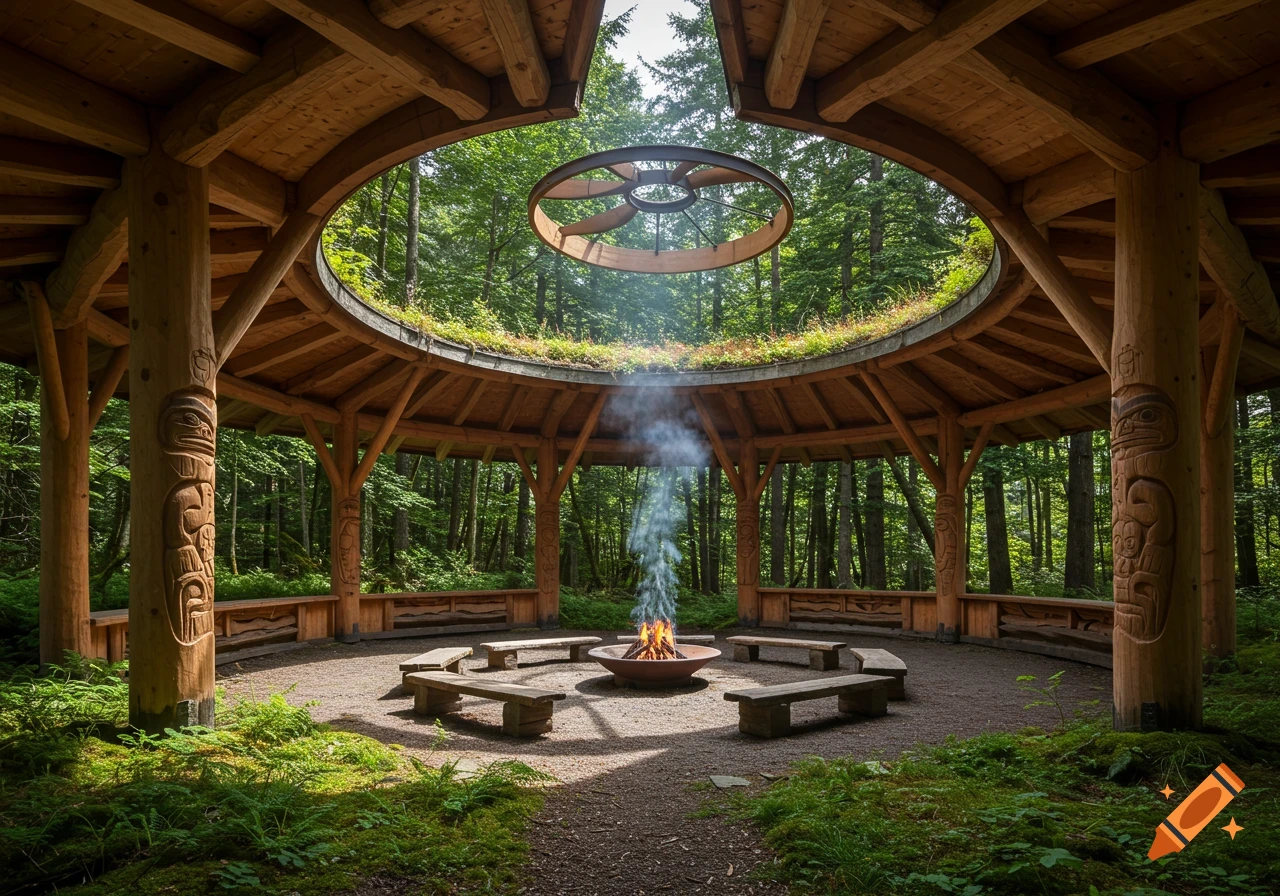 A circular wooden pavilion with carved columns, a green roof, and a central fire pit with smoke, set in a lush, sunlit forest.