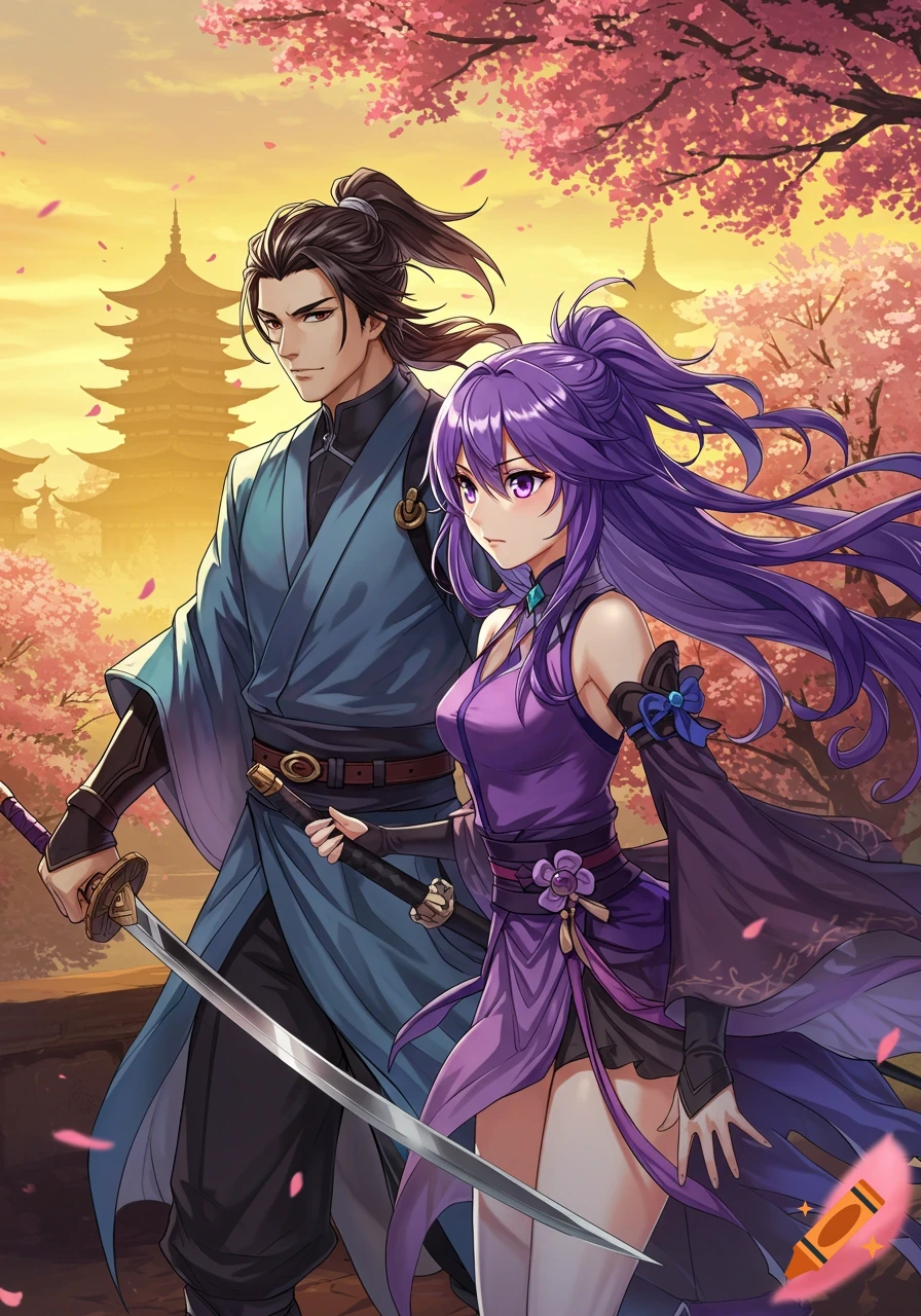 An anime man and woman, both with swords, walking through a cherry blossom garden with pagodas in the background at sunset.