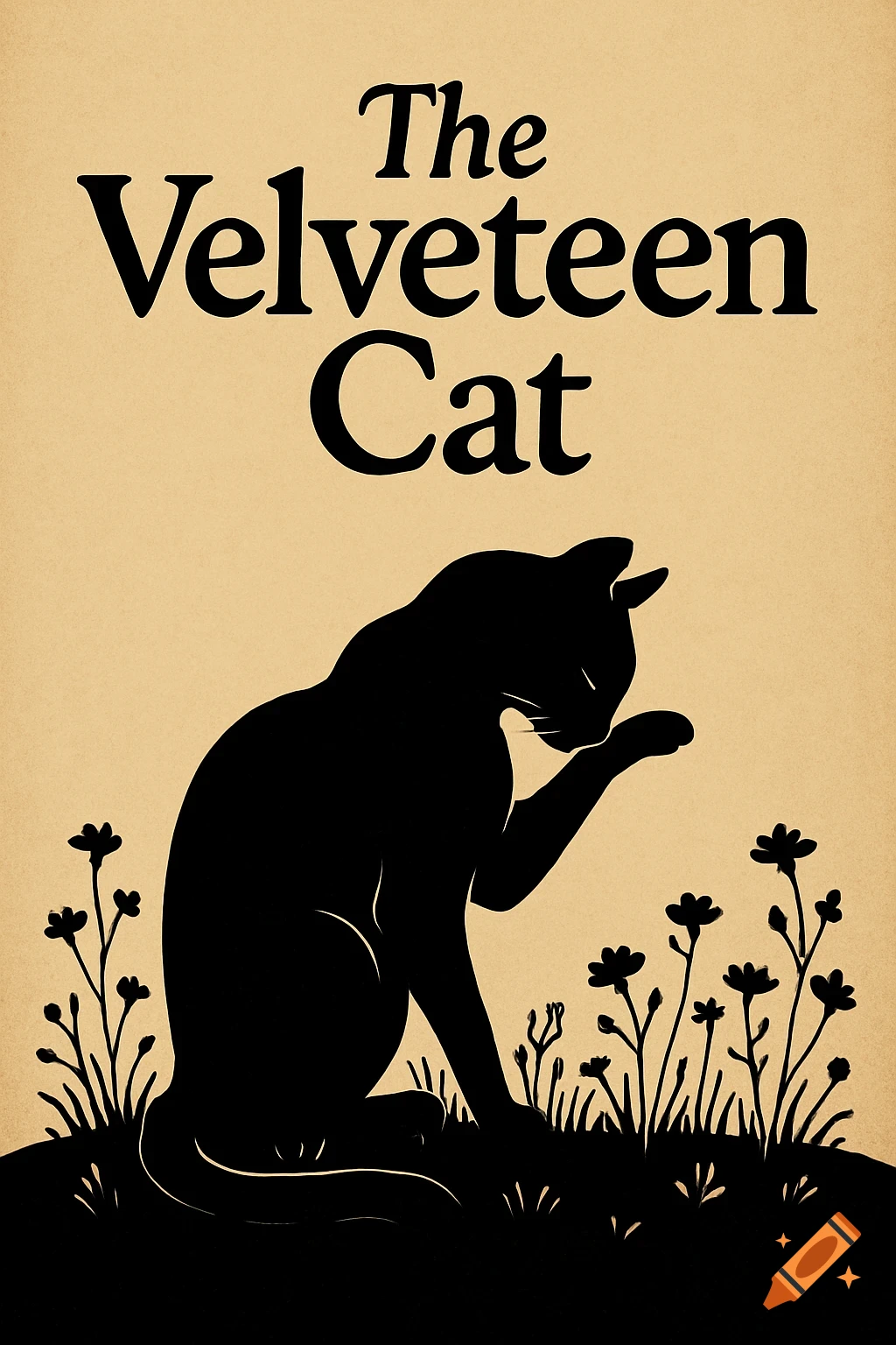 A black silhouette of a cat washing its ear amidst small flowers and grass, with the title 'The Velveteen Cat' above, on a textured beige background.