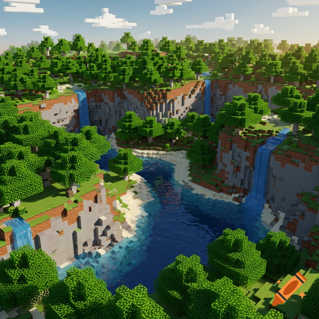 A lush, blocky Minecraft landscape with cliffs, multiple waterfalls, a winding river, and sandy beaches under a sunny sky.