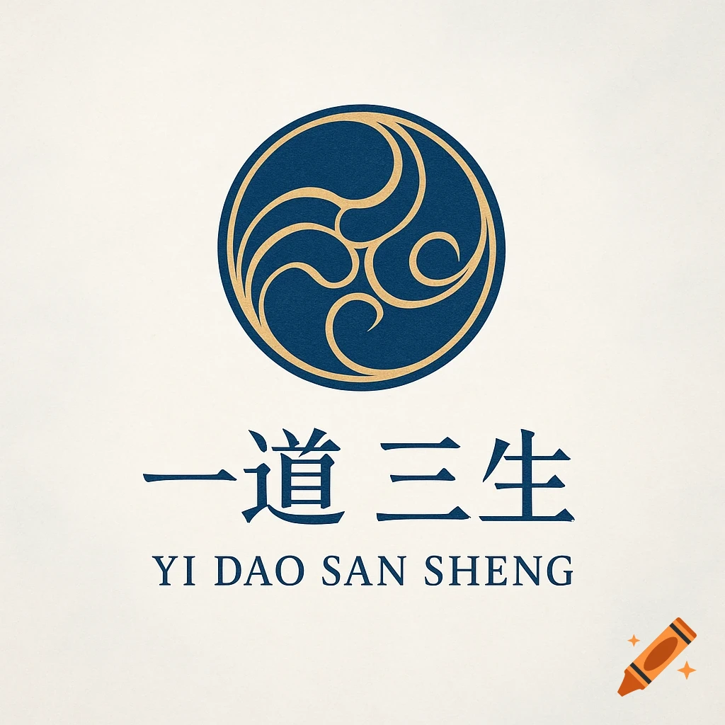 Elegant blue and gold circular logo with swirling lines above Chinese and English text '一道三生 YI DAO SAN SHENG'.