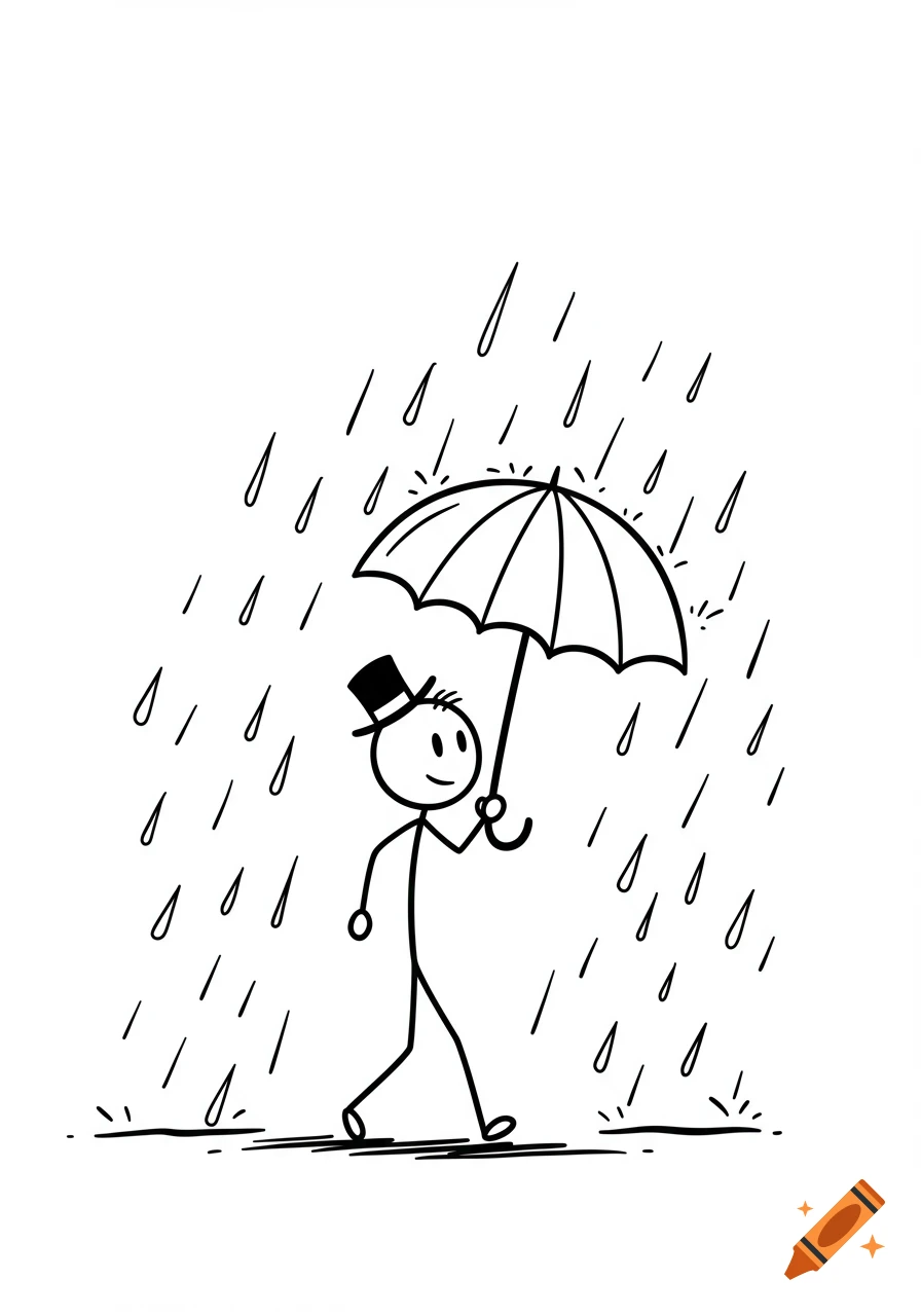 A black-and-white stick figure wearing a top hat walks in the rain, holding an umbrella.