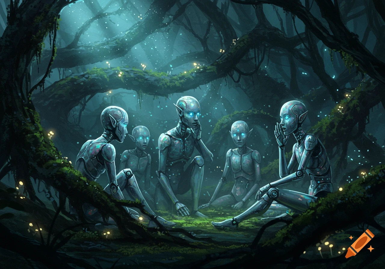 Five robotic elves with glowing blue eyes sit in a circle on a mossy forest floor, surrounded by bioluminescent plants and gnarled trees, appearing to share secrets.