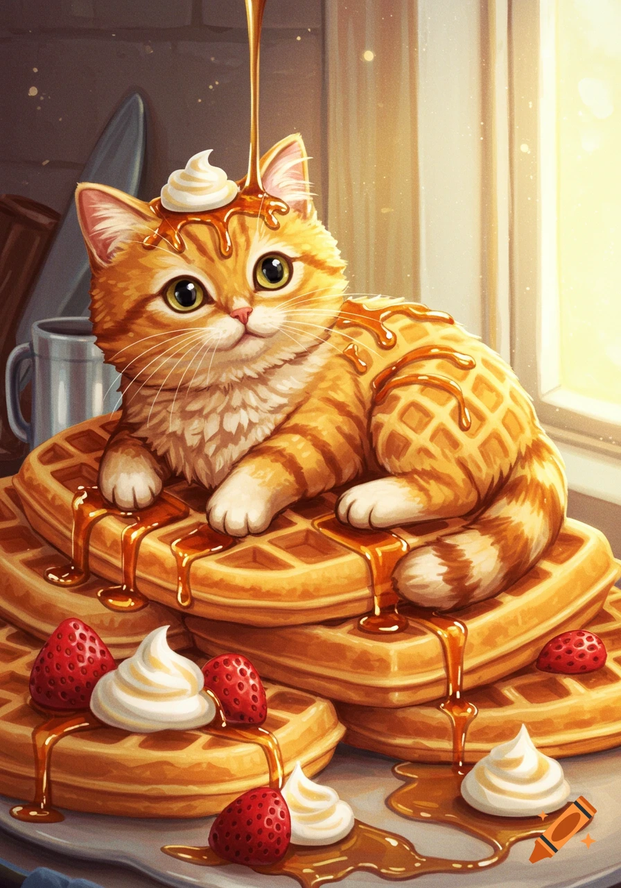 An orange tabby kitten lies on a stack of syrup-drenched waffles with strawberries and whipped cream, syrup drizzling on its head and back.