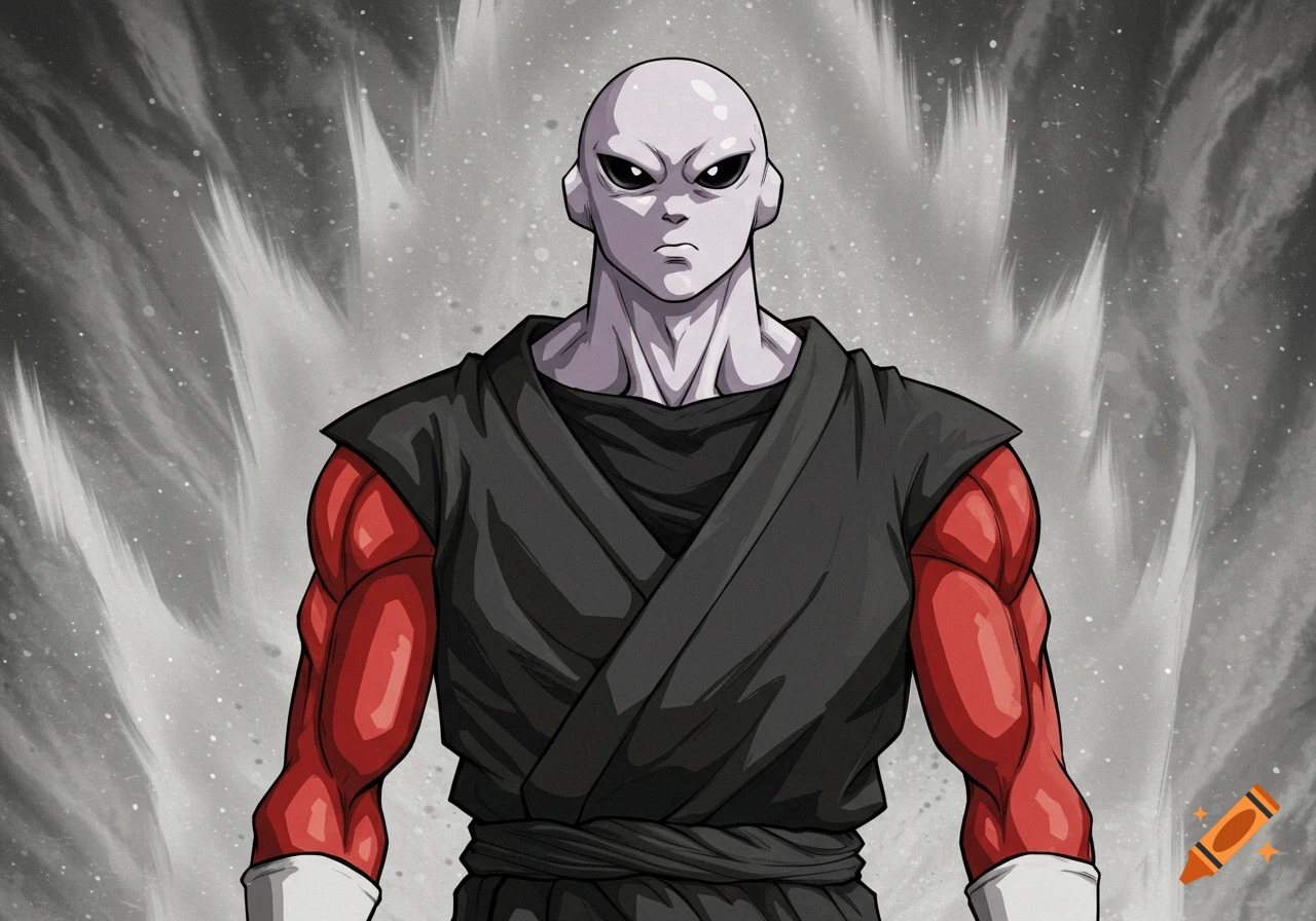 A powerful bald character with grey skin and black eyes, wearing a black gi with red sleeves, stands with a serious expression against a smoky white and grey background.