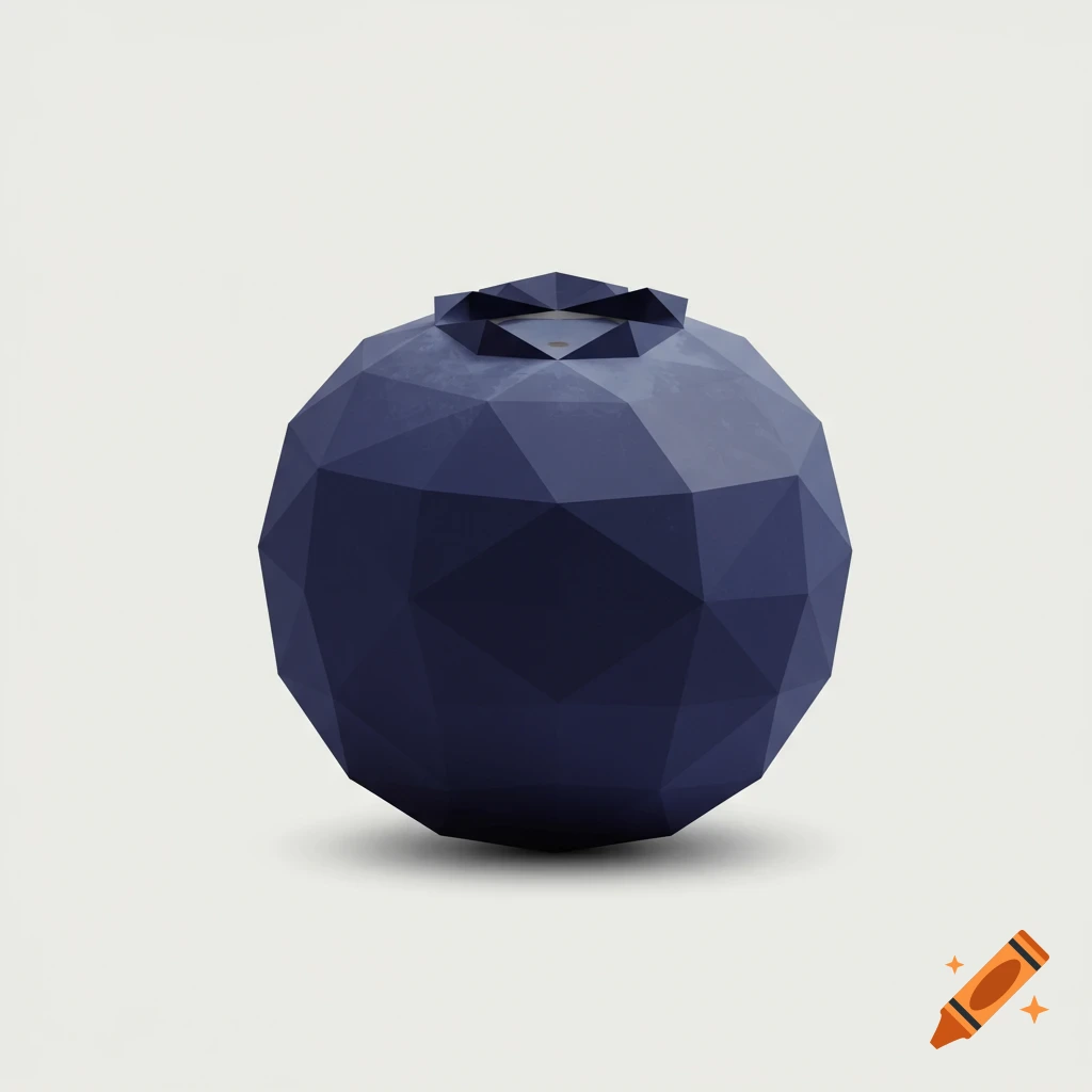 A dark blue geometric blueberry with facets and a slight shadow on a plain background.
