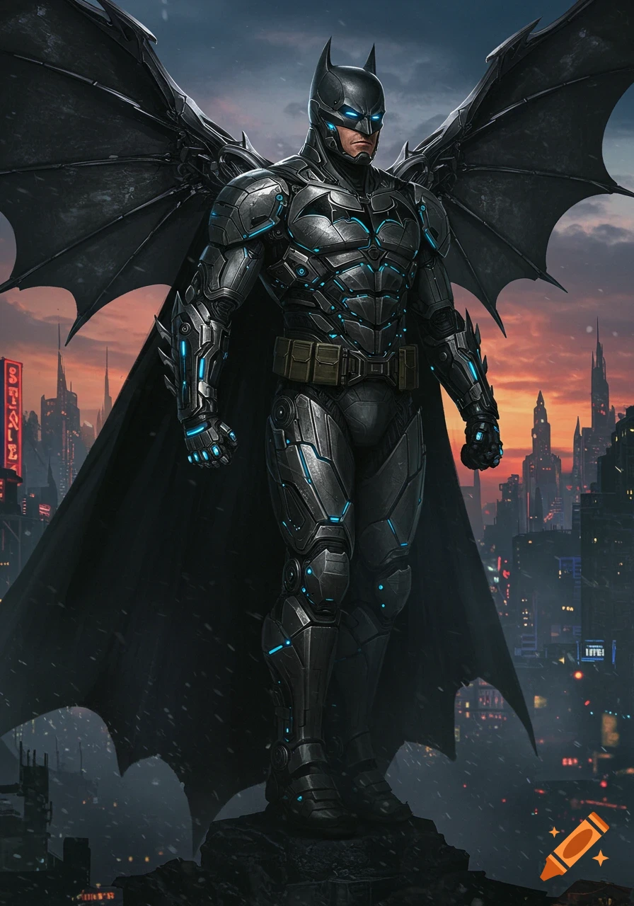 Batman in a detailed, mechanized suit stands on a rooftop overlooking a futuristic city at sunset.